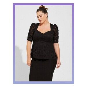 NWT Torrid 3X Deep Black Stretch Lace Cinched Elbow Sleeve Peplum Top Size 22-24